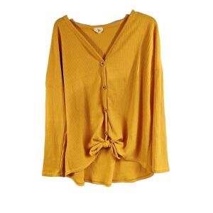 Vintage Bib! 90s Style Womans XL Yellow Button Up Tie Front Cardigan Sweater